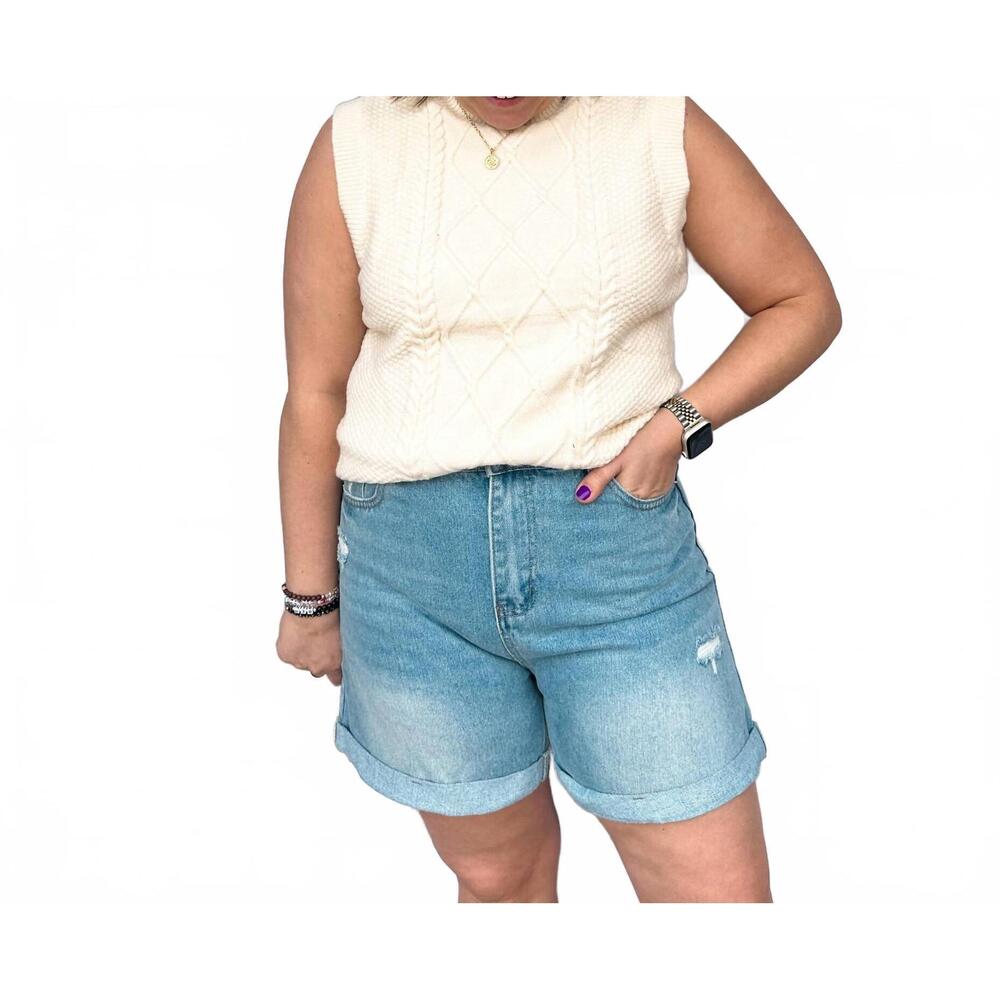 NEW SWEETKAMA high waist folded hem denim short in blue